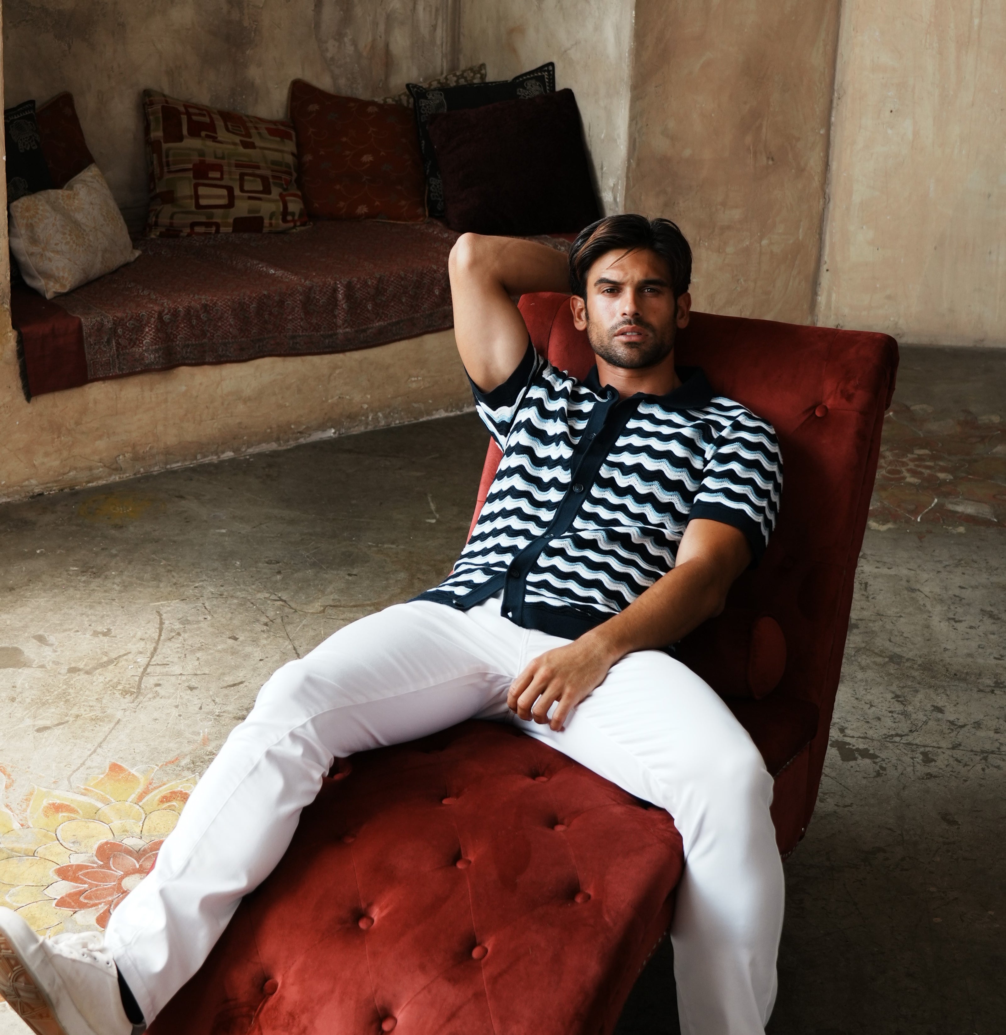 The Ripple Crochet Short Sleeve Button Up Polo Shirt - Navy Eight-X