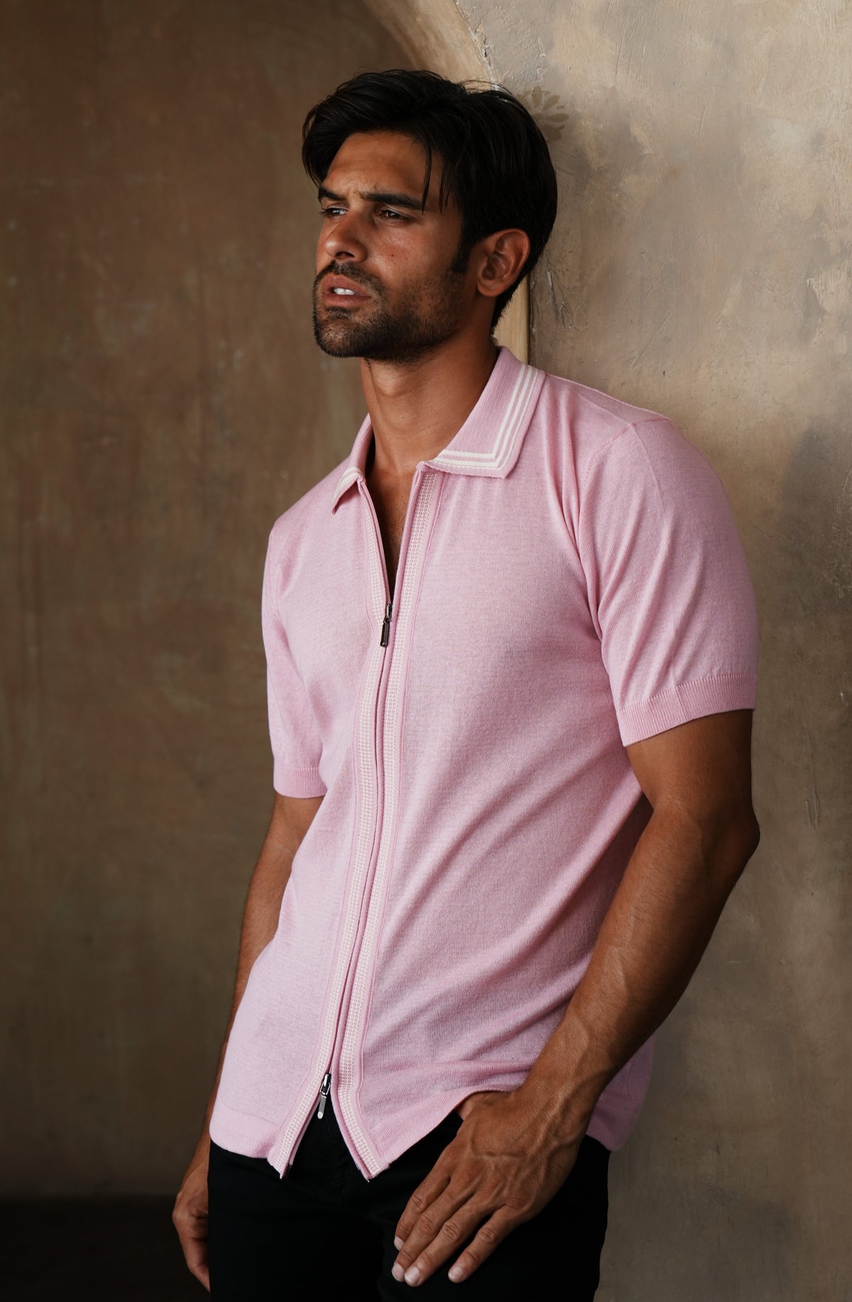 Contour Short Sleeve Zip Knit Polo Shirt - Pink Eight-X