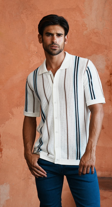 Fisherman Crochet Short Sleeve Button-Up Polo Shirt Eight-X