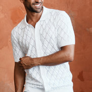 Spire Crochet Short Sleeve Button Up Polo Shirt - White Eight-X