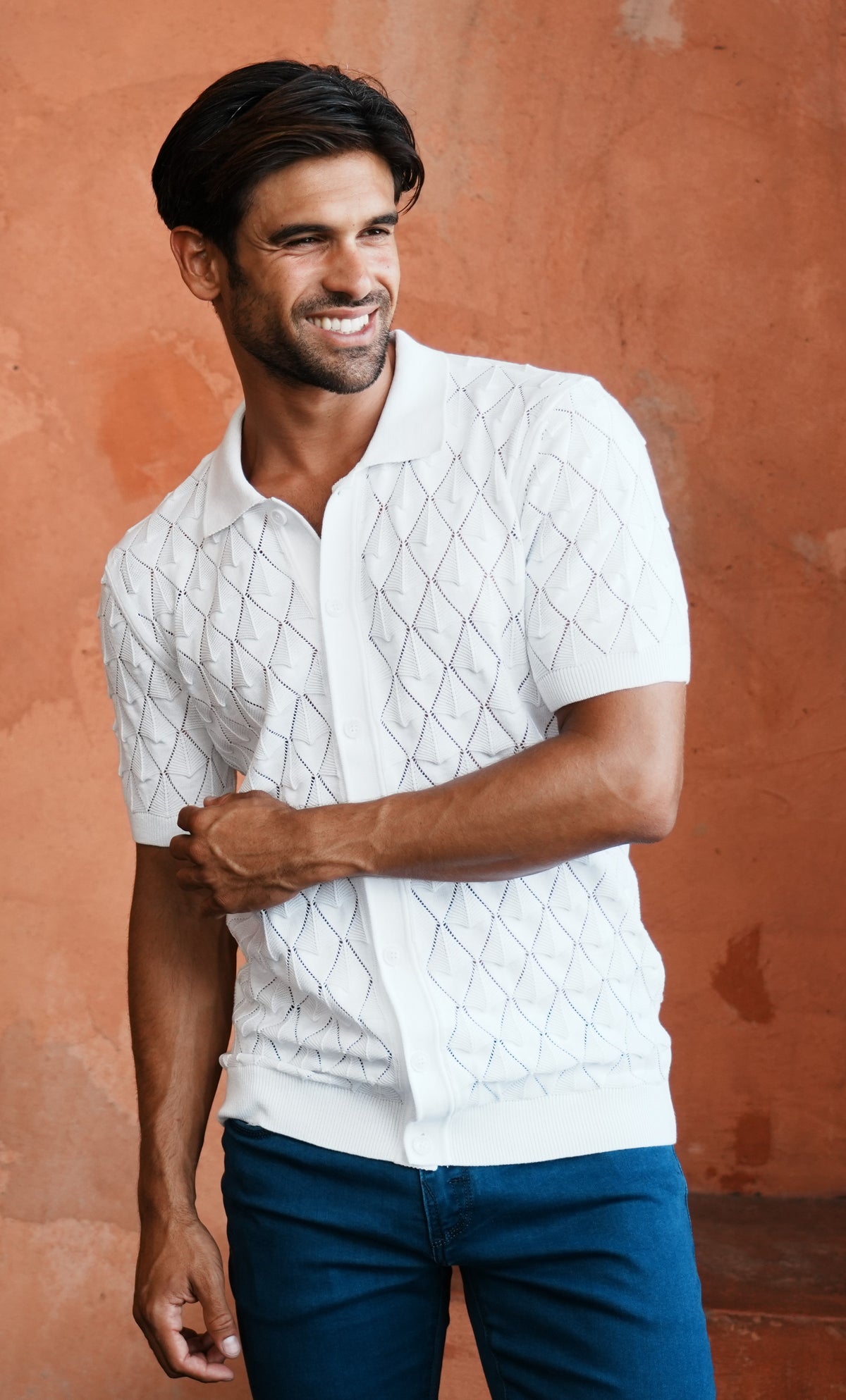 Spire Crochet Short Sleeve Button Up Polo Shirt - White Eight-X