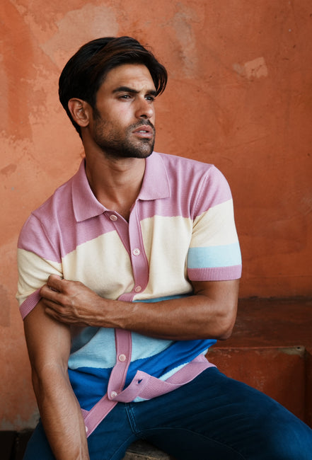 Sierra Knit Short Sleeve Button-Up Polo Shirt - Pink Eight-X