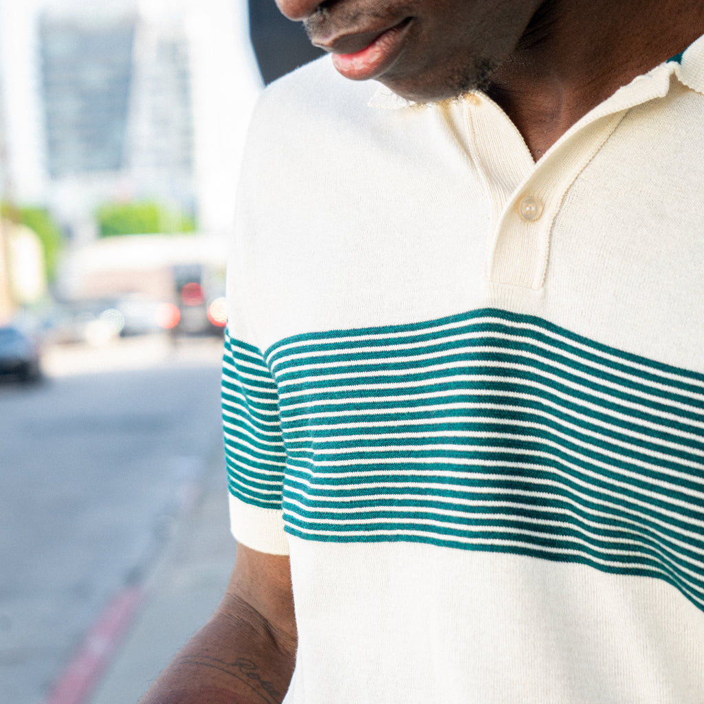 Striped Chest Knit Polo - Beige Polos Eight-X
