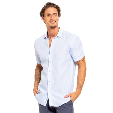 Linen Short Sleeve Shirt - Light Blue Button Down Shirts Eight-X