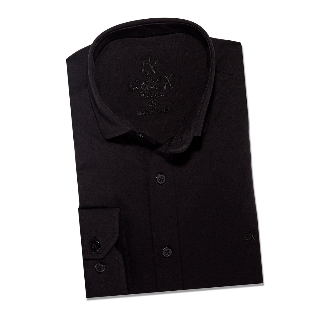Solid Cotton Slim Fit Button Down Shirt - Black  Eight-X   