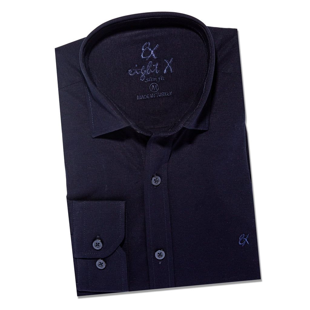 Solid Cotton Slim Fit Button Down Shirt - Navy  Eight-X   