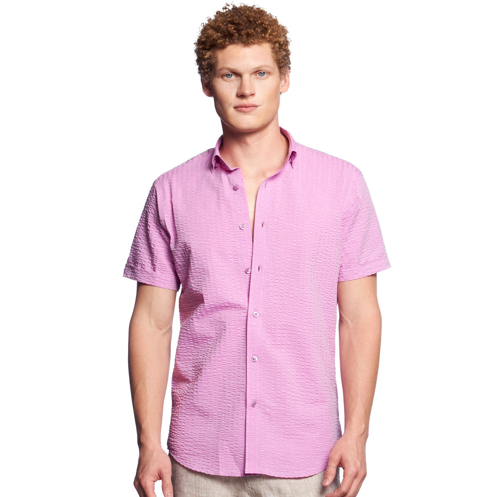 Confuchsia Seersucker Short Sleeve Button Down Shirt  Eight-X PINK S 