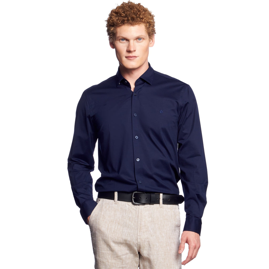 Solid Cotton Slim Fit Button Down Shirt - Navy  Eight-X NAVY S 