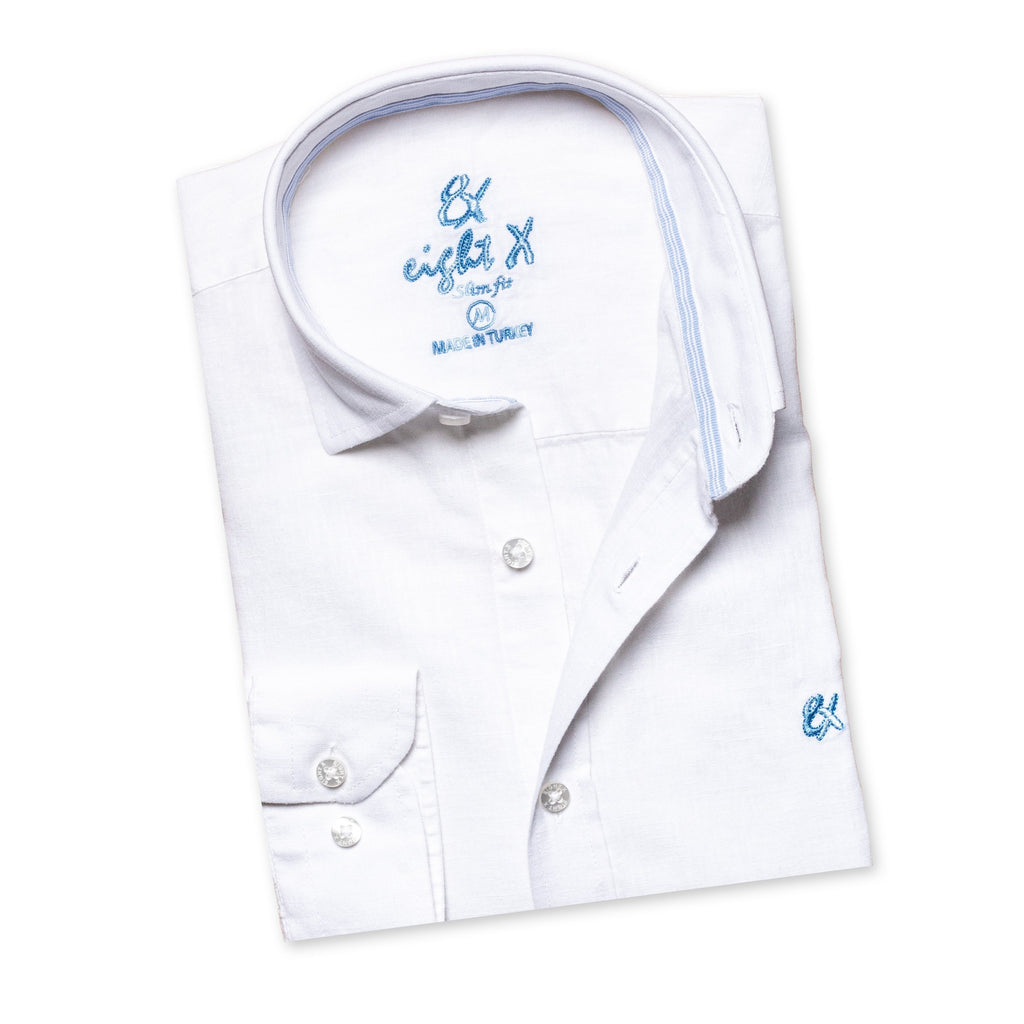 100% Linen Button Down Shirt - White Long Sleeve Button Down Eight-X   