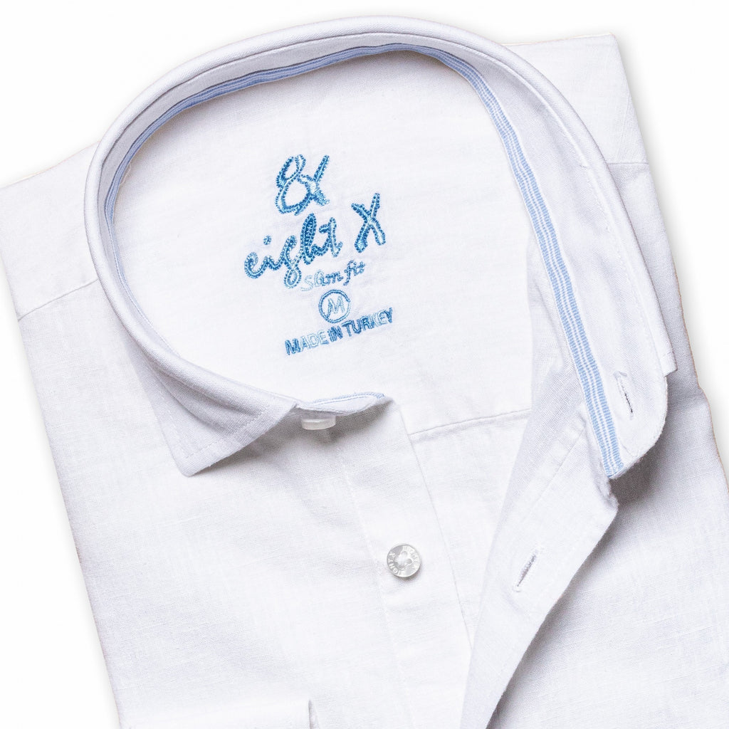 100% Linen Button Down Shirt - White Long Sleeve Button Down Eight-X   