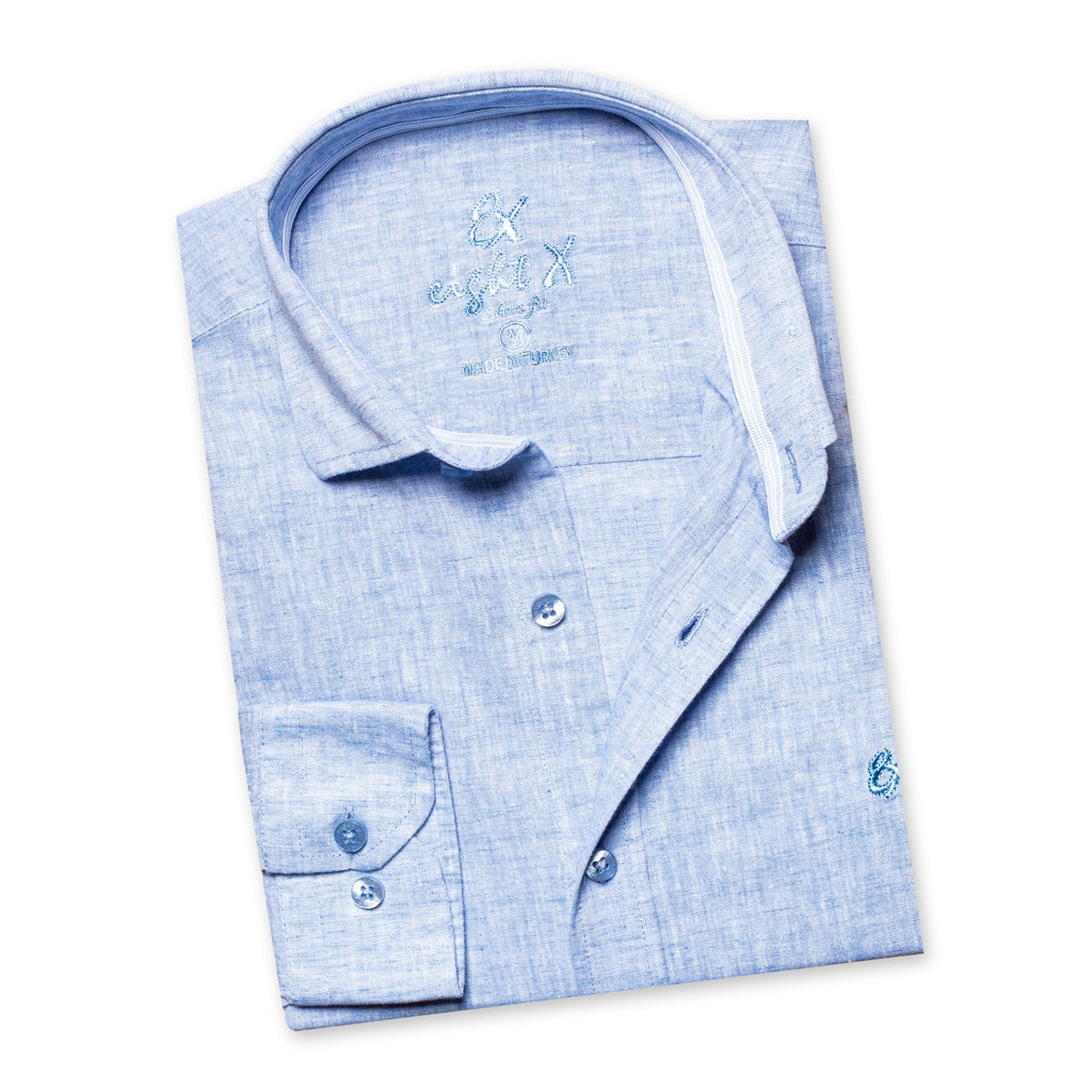100% Linen Button Down Shirt - Blue Long Sleeve Button Down Eight-X   