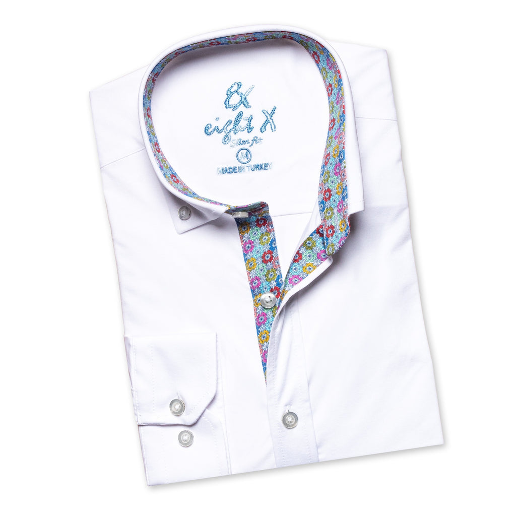 Solid Cotton Stretch Button Down Shirt w/ Floral Trim Button Down Shirts Eight-X   