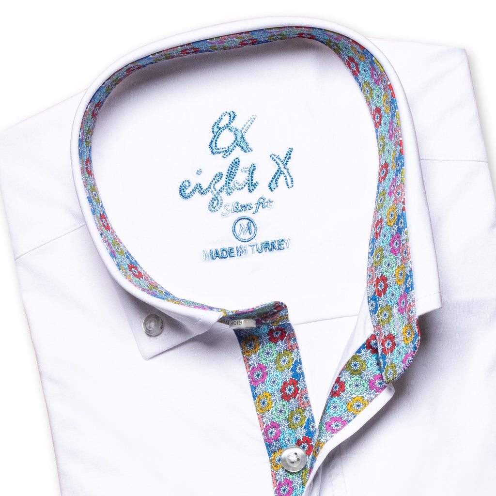 Solid Cotton Stretch Button Down Shirt w/ Floral Trim Button Down Shirts Eight-X   