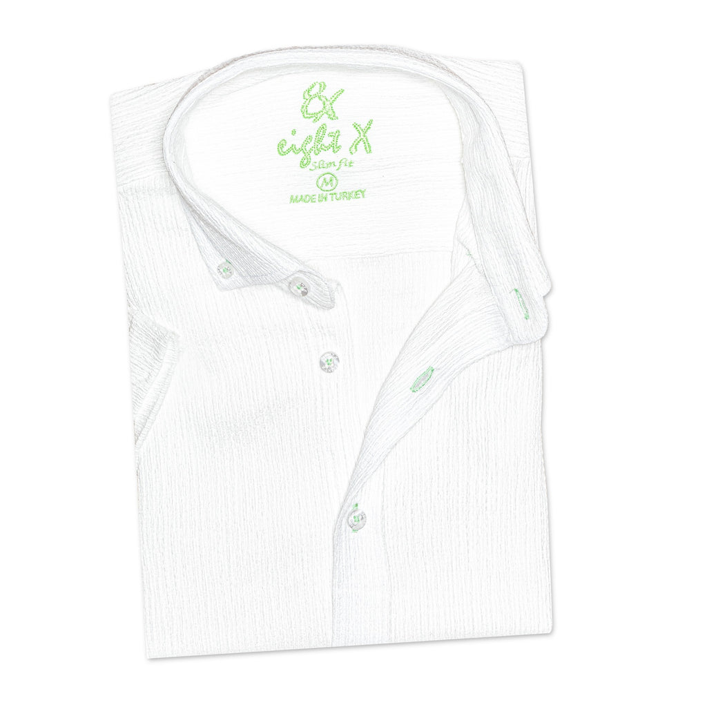 White Seersucker Short Sleeve Shirt With Green Button Stitching  Eight-X   