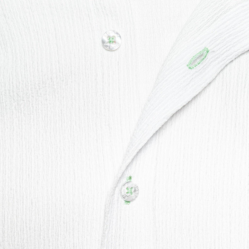 White Seersucker Short Sleeve Shirt With Green Button Stitching  Eight-X   
