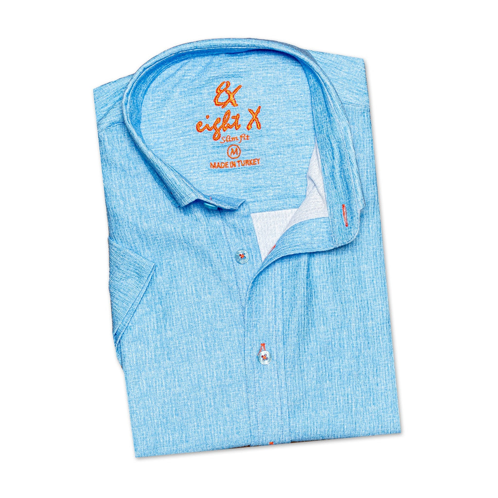 Blue Seersucker Short Sleeve Shirt With Orange Button Stitching  Eight-X   