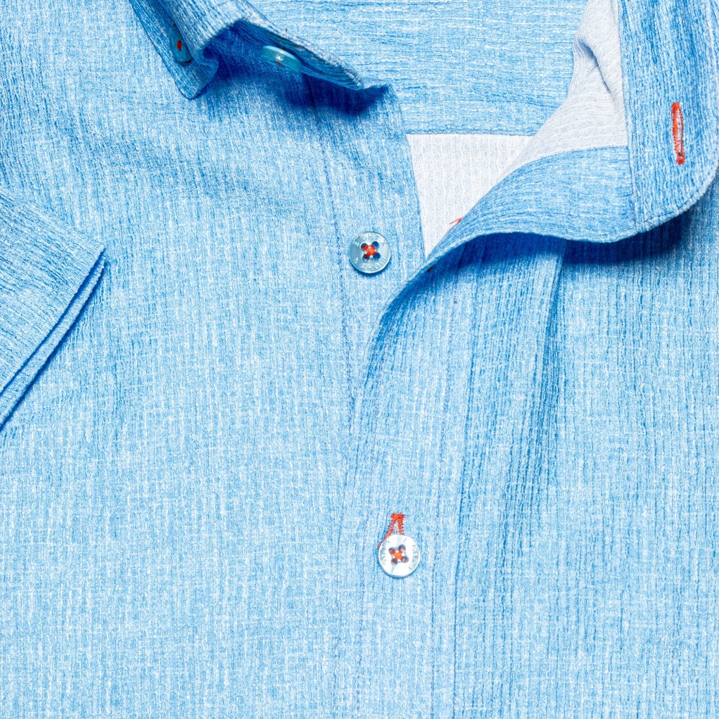 Blue Seersucker Short Sleeve Shirt With Orange Button Stitching  Eight-X   