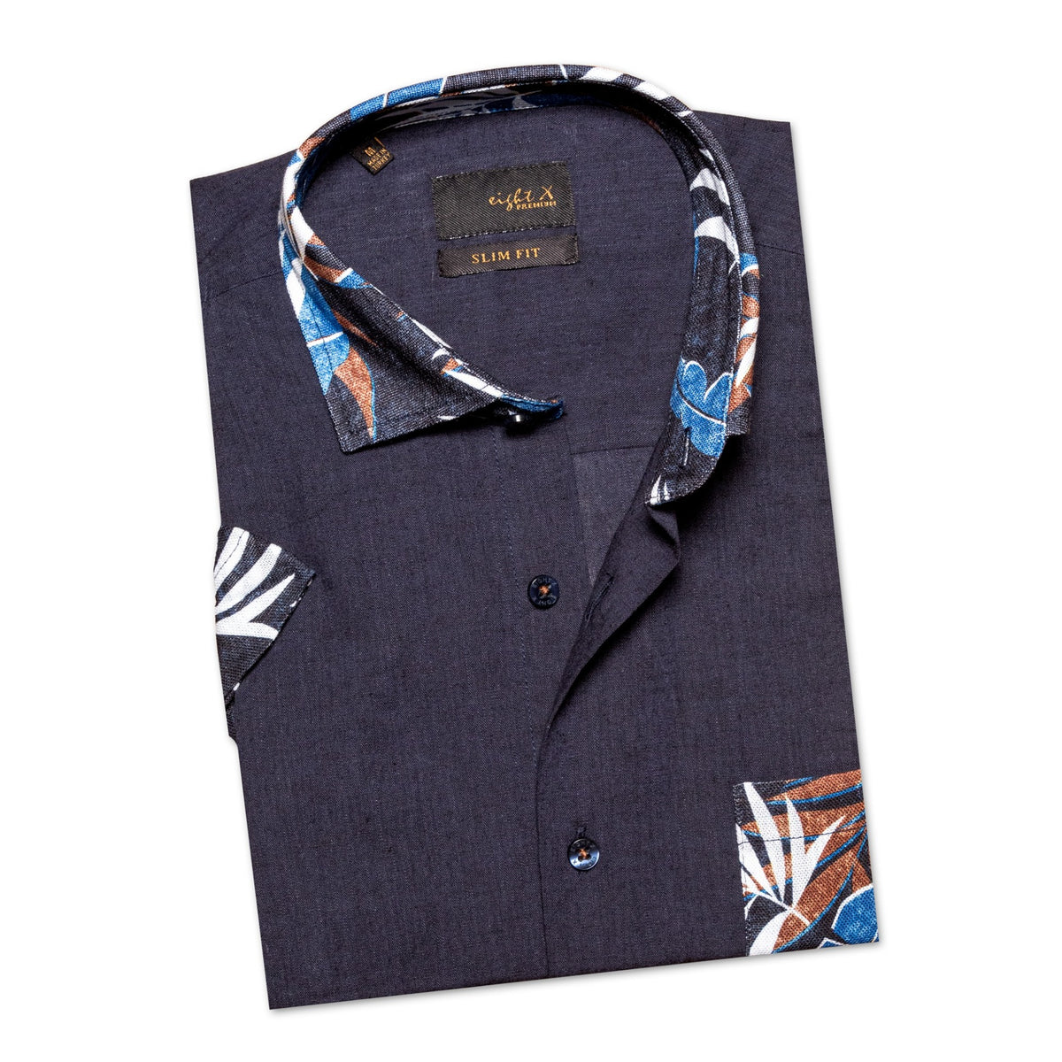 Navy Linen Short Sleeve Shirt With Botanical Print Short Sleeve Shirts Eight-X