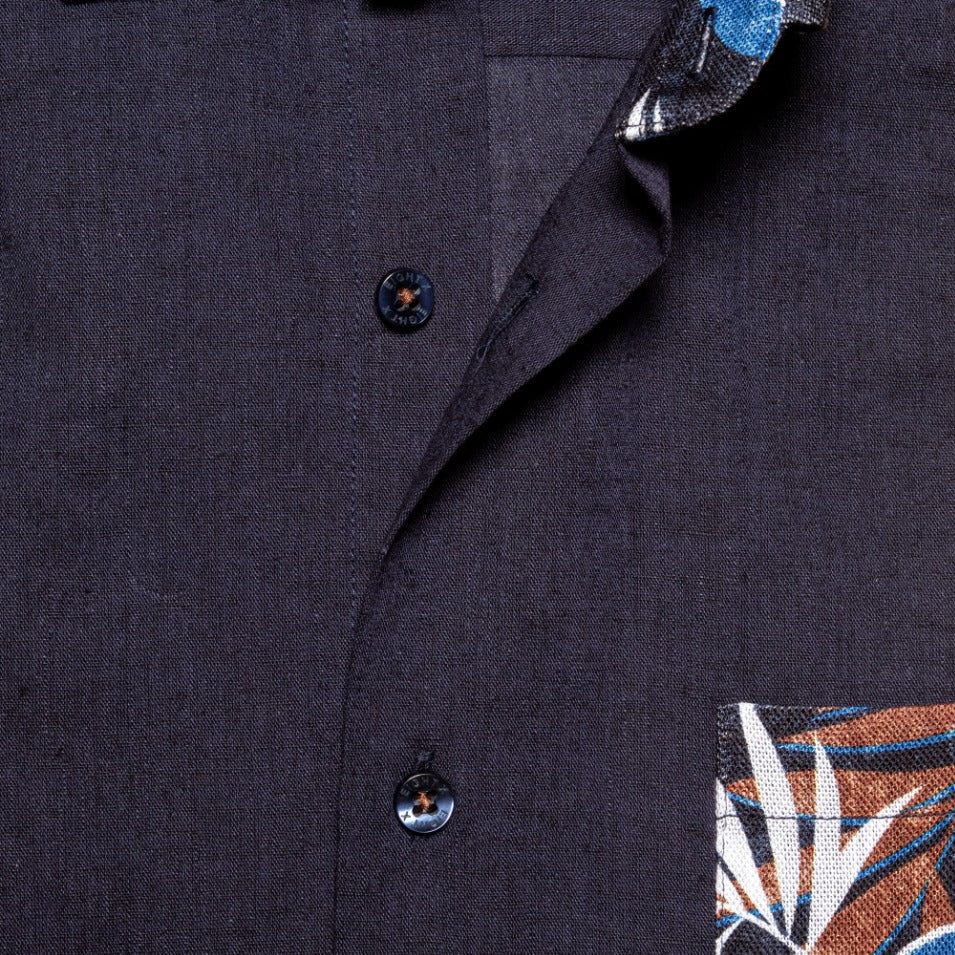 Navy Linen Short Sleeve Shirt With Botanical Print  Eight-X   