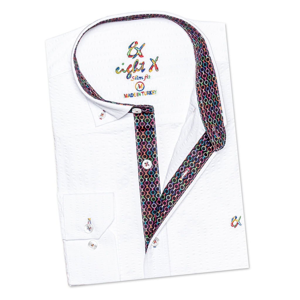 Seersucker Button Down Shirt With Rainbow Chainlink Trim - White  Eight-X   