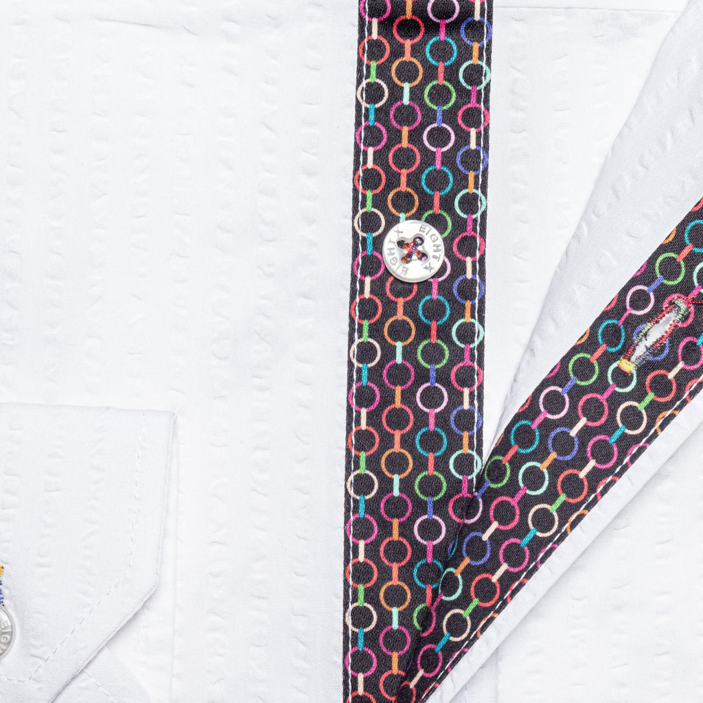 Seersucker Button Down Shirt With Rainbow Chainlink Trim - White  Eight-X   