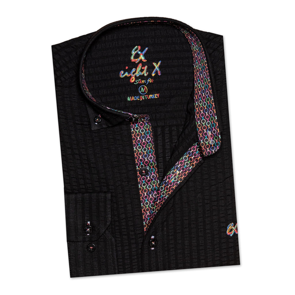 Seersucker Button Down Shirt With Rainbow Chainlink Trim - Black  Eight-X   