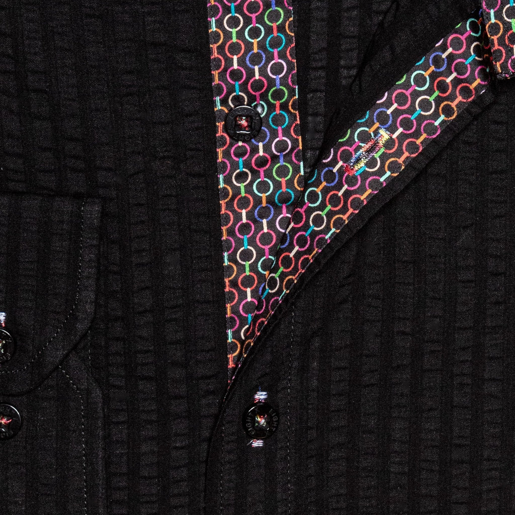 Seersucker Button Down Shirt With Rainbow Chainlink Trim - Black  Eight-X   