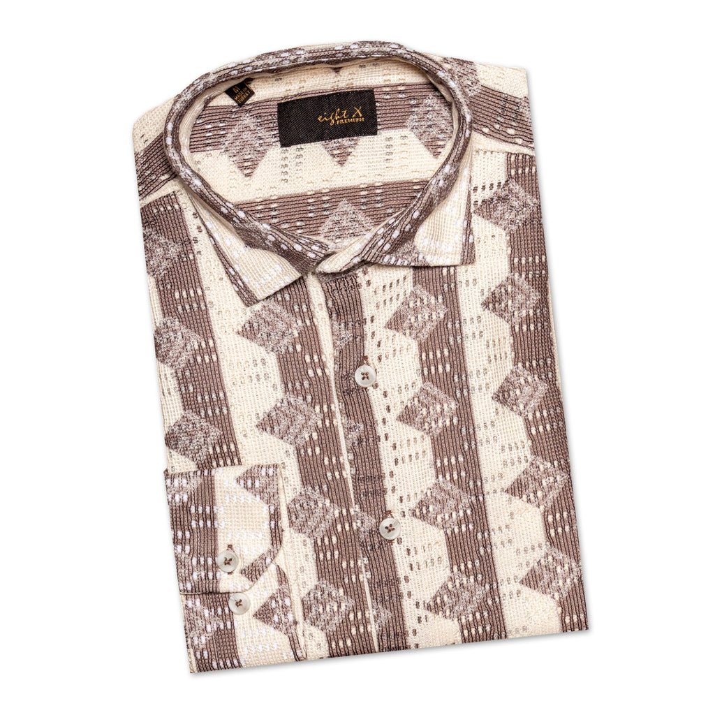 Rhombus + Stripe Crochet Button Down Shirt - Brown Button Down Shirts Eight-X   