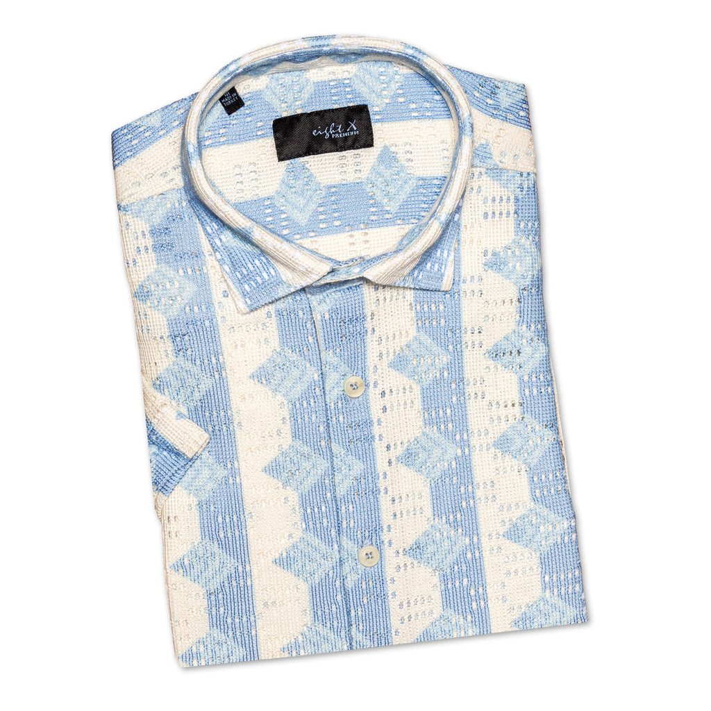Rhombus + Stripe Crochet Short Sleeve Shirt - Blue  Eight-X   