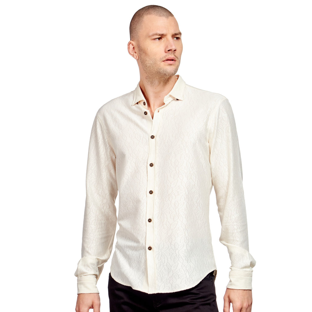 Floral Jacquard Slim Fit Button Down Shirt - Creme  Eight-X BEIGE S 