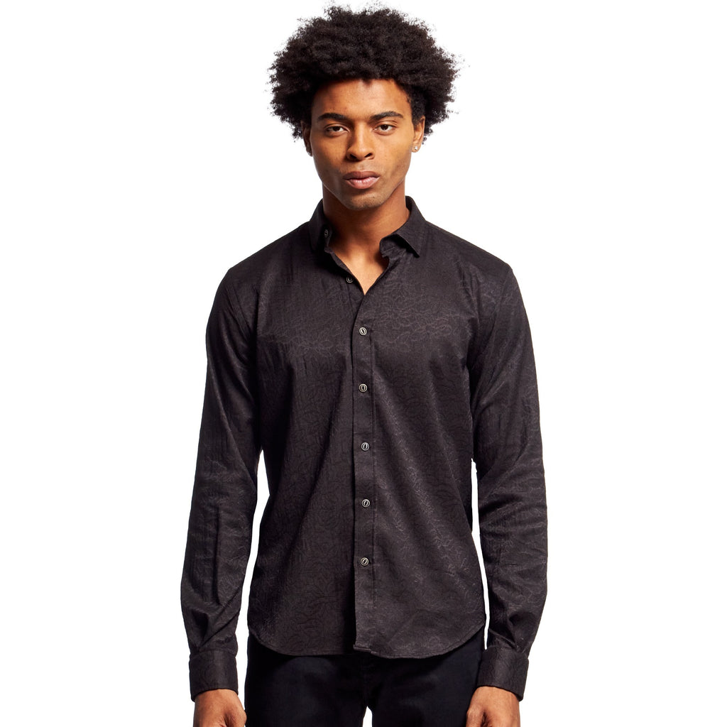 Floral Jacquard Slim Fit Button Down Shirt - Black  Eight-X BLACK S 
