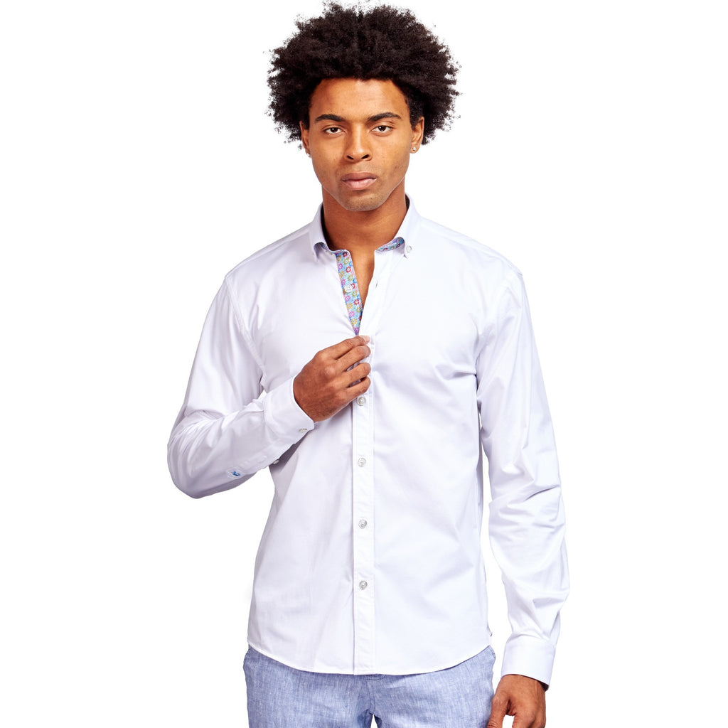 Solid Cotton Stretch Button Down Shirt w/ Floral Trim Button Down Shirts Eight-X WHITE S 