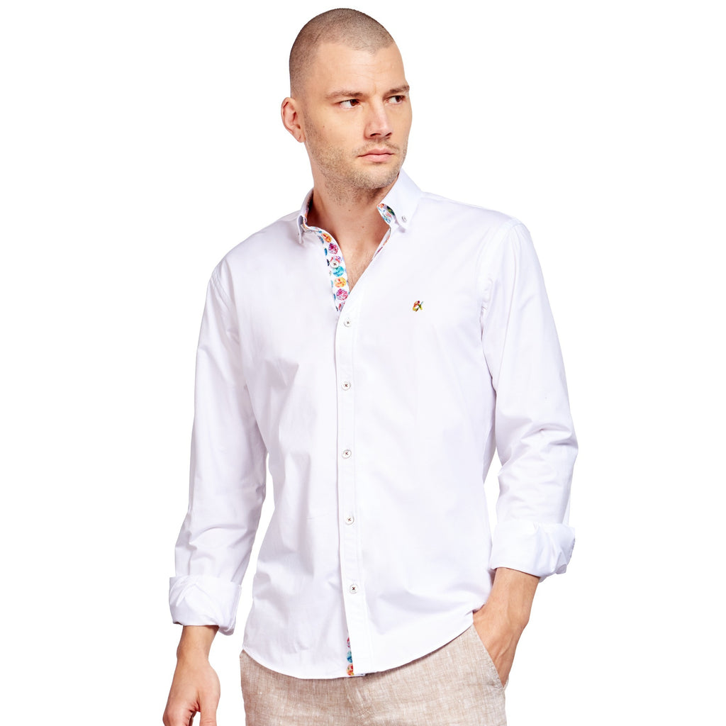 Solid Cotton Stretch Button Down Shirt w/ Global Trim Button Down Shirts Eight-X WHITE S 