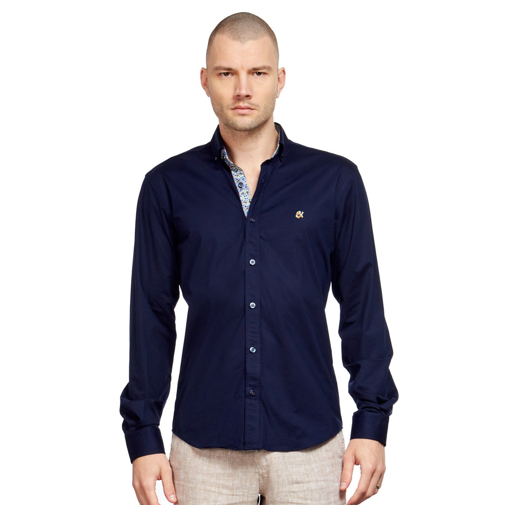 Solid Cotton Stretch Button Down Shirt w/ Abstract Trim Button Down Shirts Eight-X NAVY S 