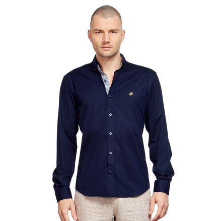 Solid Cotton Stretch Button Down Shirt w/ Abstract Trim Button Down Shirts Eight-X NAVY S 