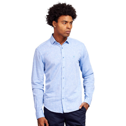 100% Linen Button Down Shirt - Blue Long Sleeve Button Down Eight-X BLUE S 