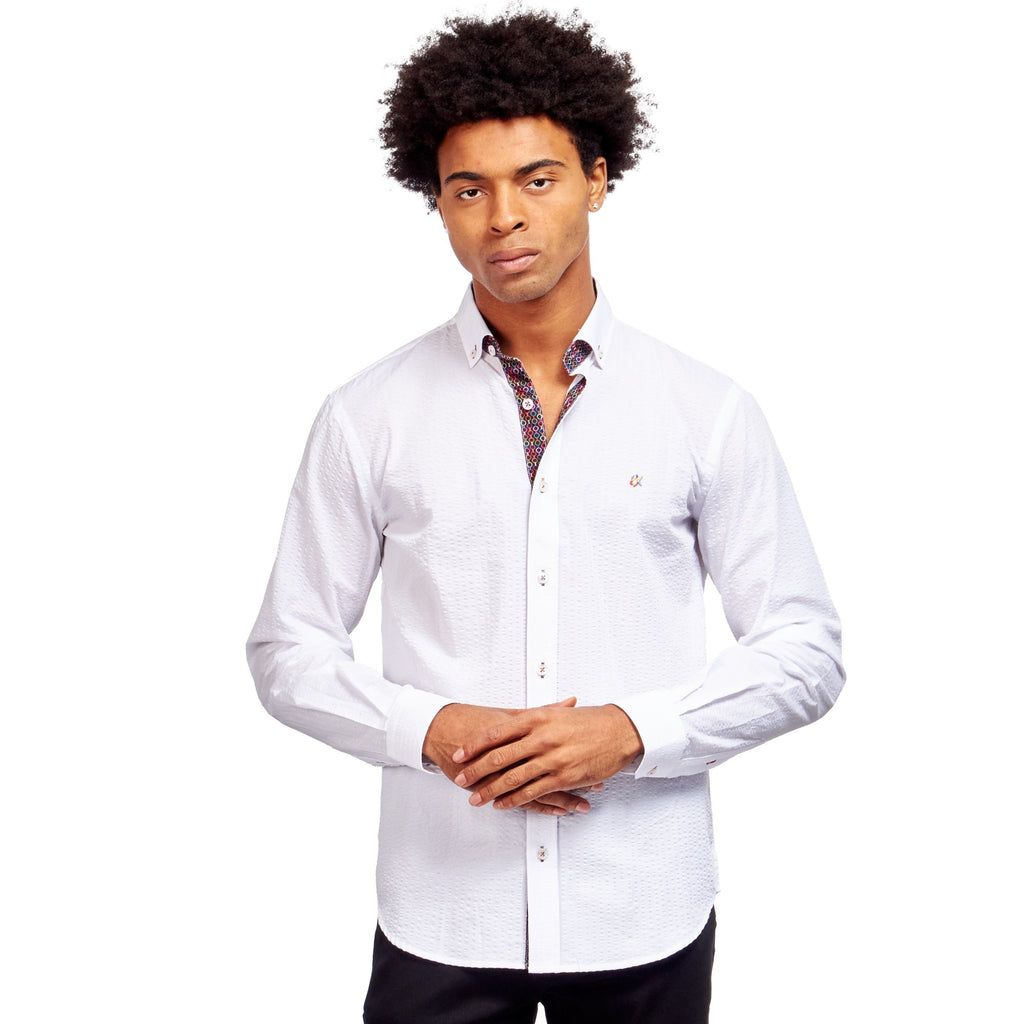 Seersucker Button Down Shirt With Rainbow Chainlink Trim - White  Eight-X WHITE S 