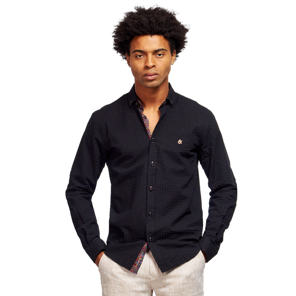 Seersucker Button Down Shirt With Rainbow Chainlink Trim - Black  Eight-X BLACK S 