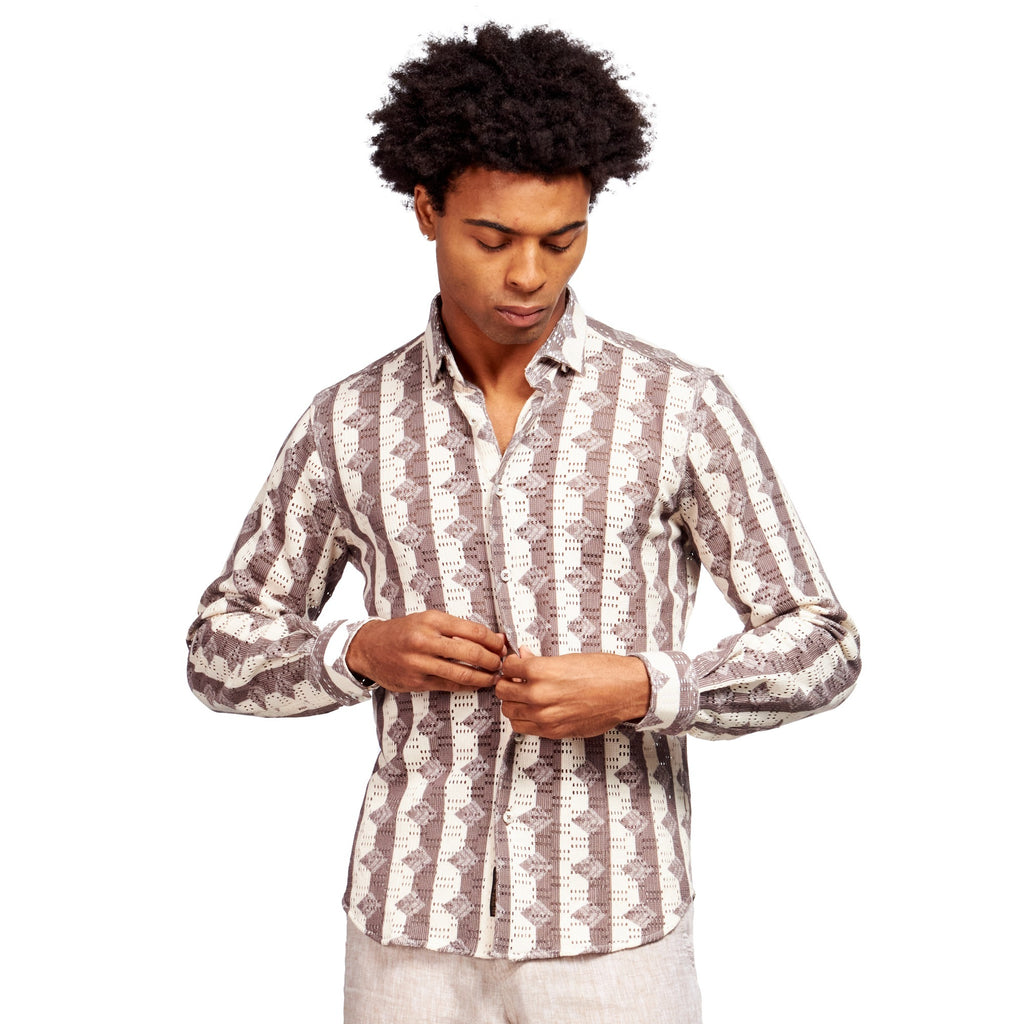 Rhombus + Stripe Crochet Button Down Shirt - Brown Button Down Shirts Eight-X BROWN S 
