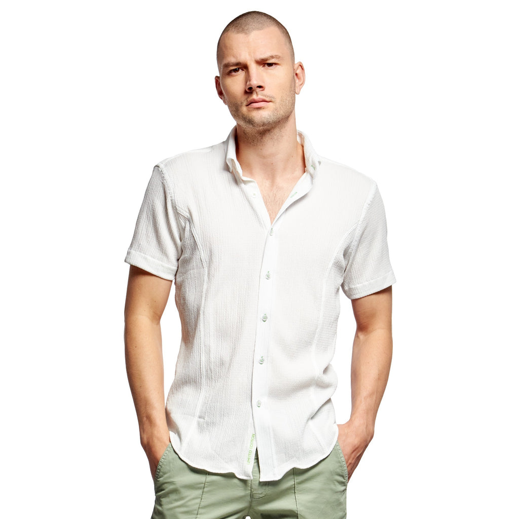 White Seersucker Short Sleeve Shirt With Green Button Stitching  Eight-X WHITE S 