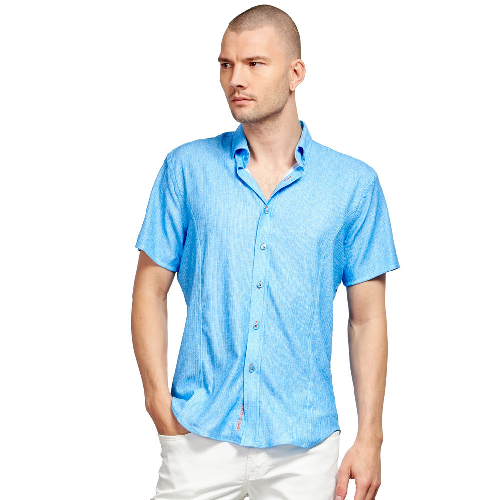Blue Seersucker Short Sleeve Shirt With Orange Button Stitching  Eight-X BLUE S 