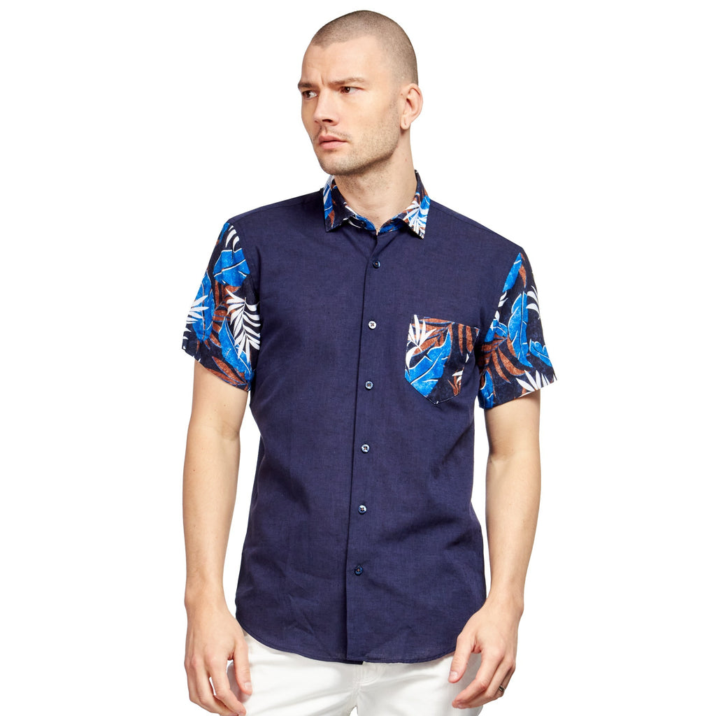 Navy Linen Short Sleeve Shirt With Botanical Print  Eight-X NAVY S 
