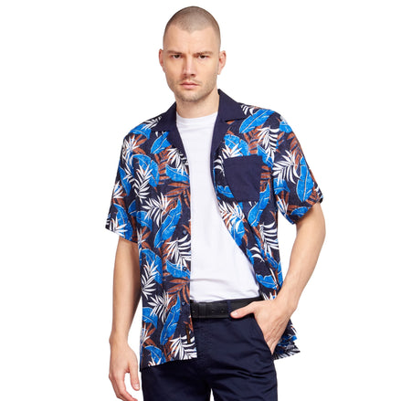 Leaves In the Night Relaxed Fit Linen Blend Short Sleeve Shirt Short Sleeve Shirts Eight-X NAVY S