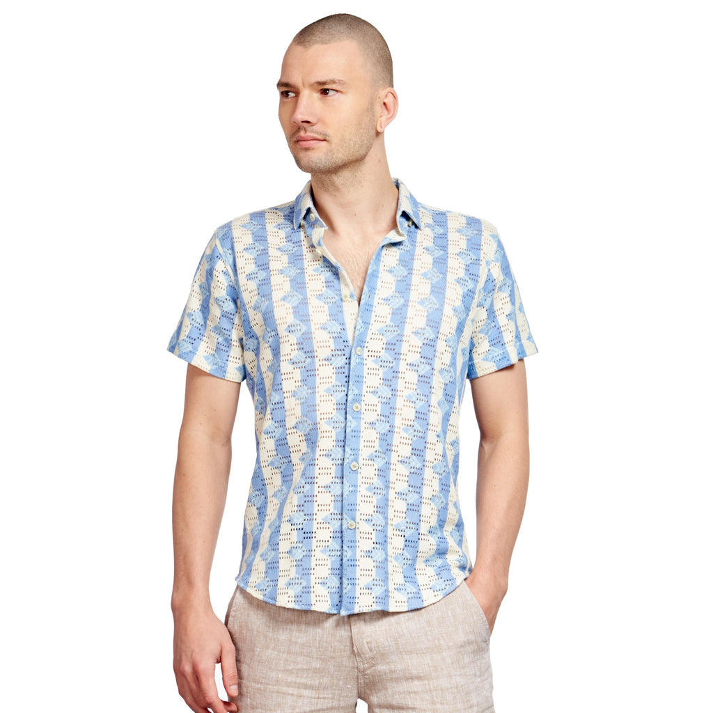Rhombus + Stripe Crochet Short Sleeve Shirt - Blue  Eight-X BLUE S 