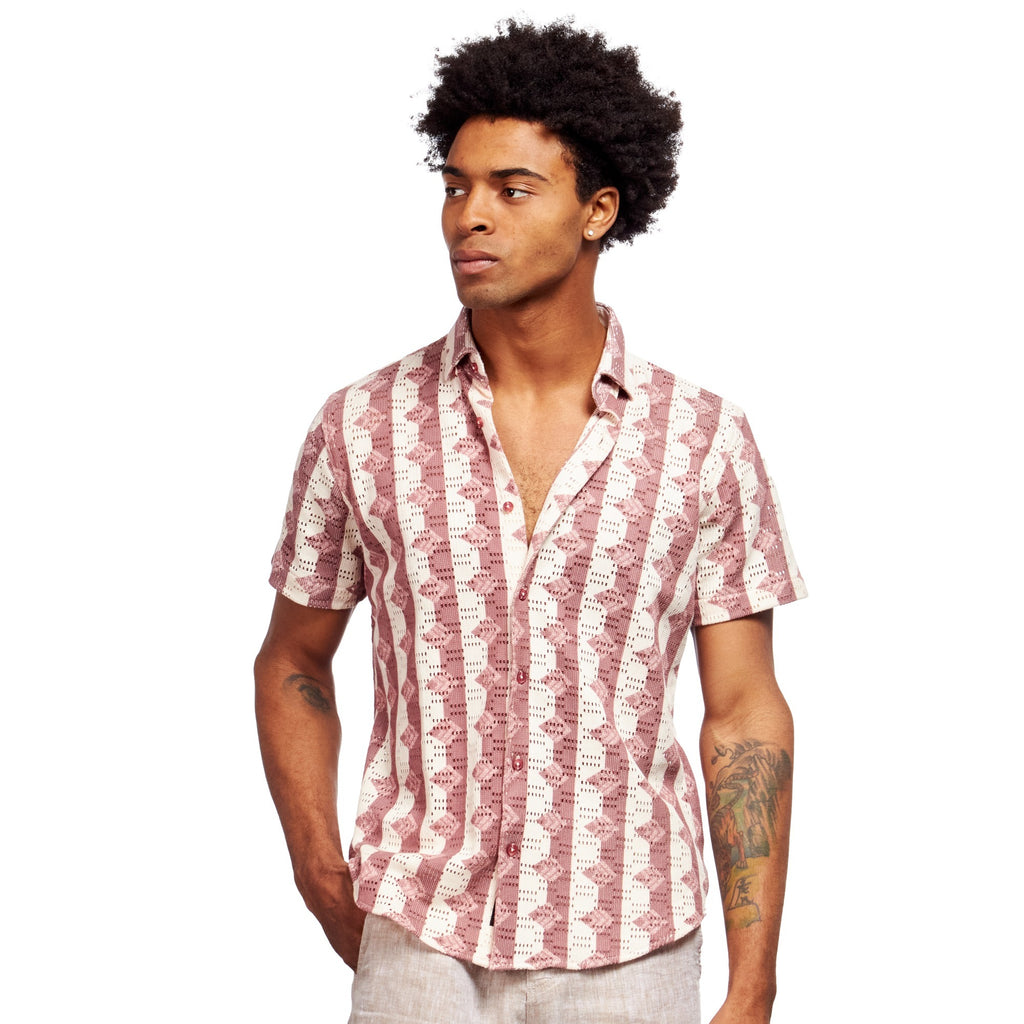 Rhombus + Stripe Crochet Short Sleeve Shirt - Clay Short Sleeve Shirts Eight-X RED S 
