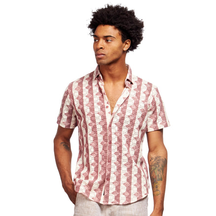 Rhombus + Stripe Crochet Short Sleeve Shirt - Clay Short Sleeve Shirts Eight-X RED S 