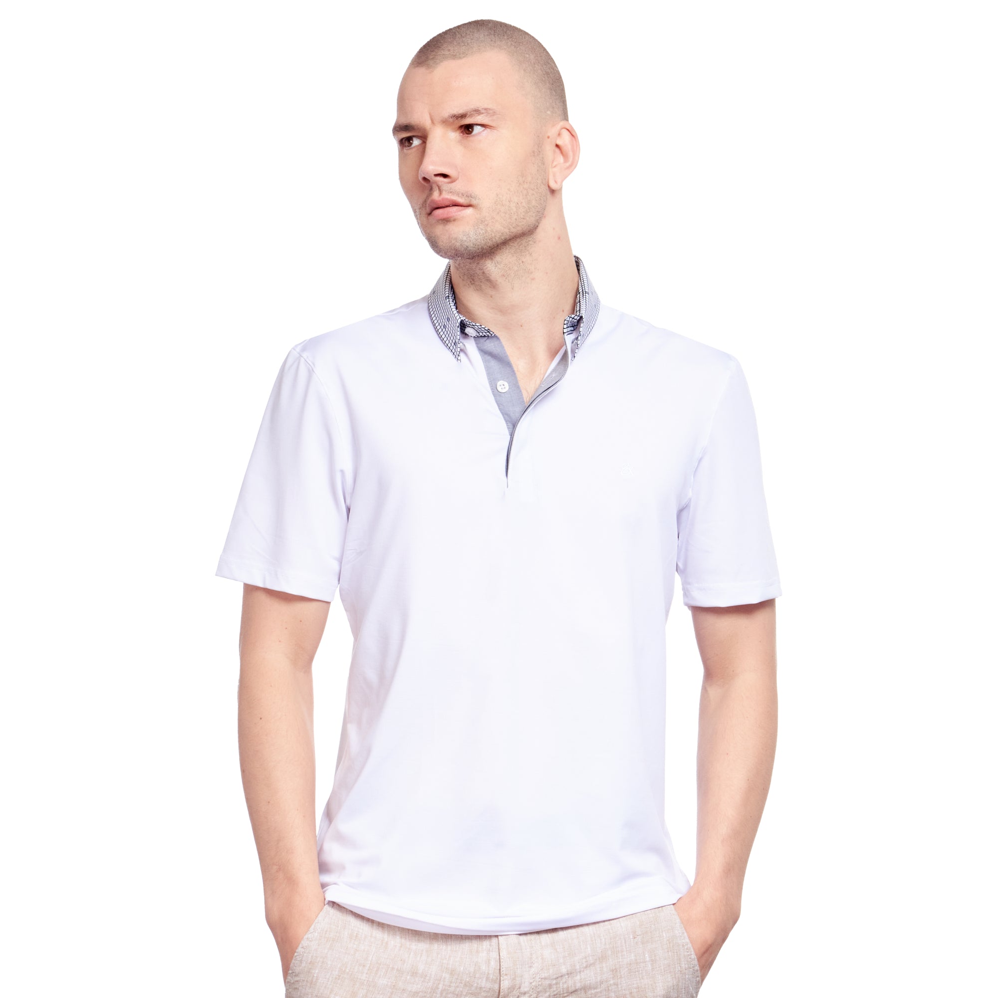 White Polo Shirt With Checkered Collar Polos Eight-X WHITE S