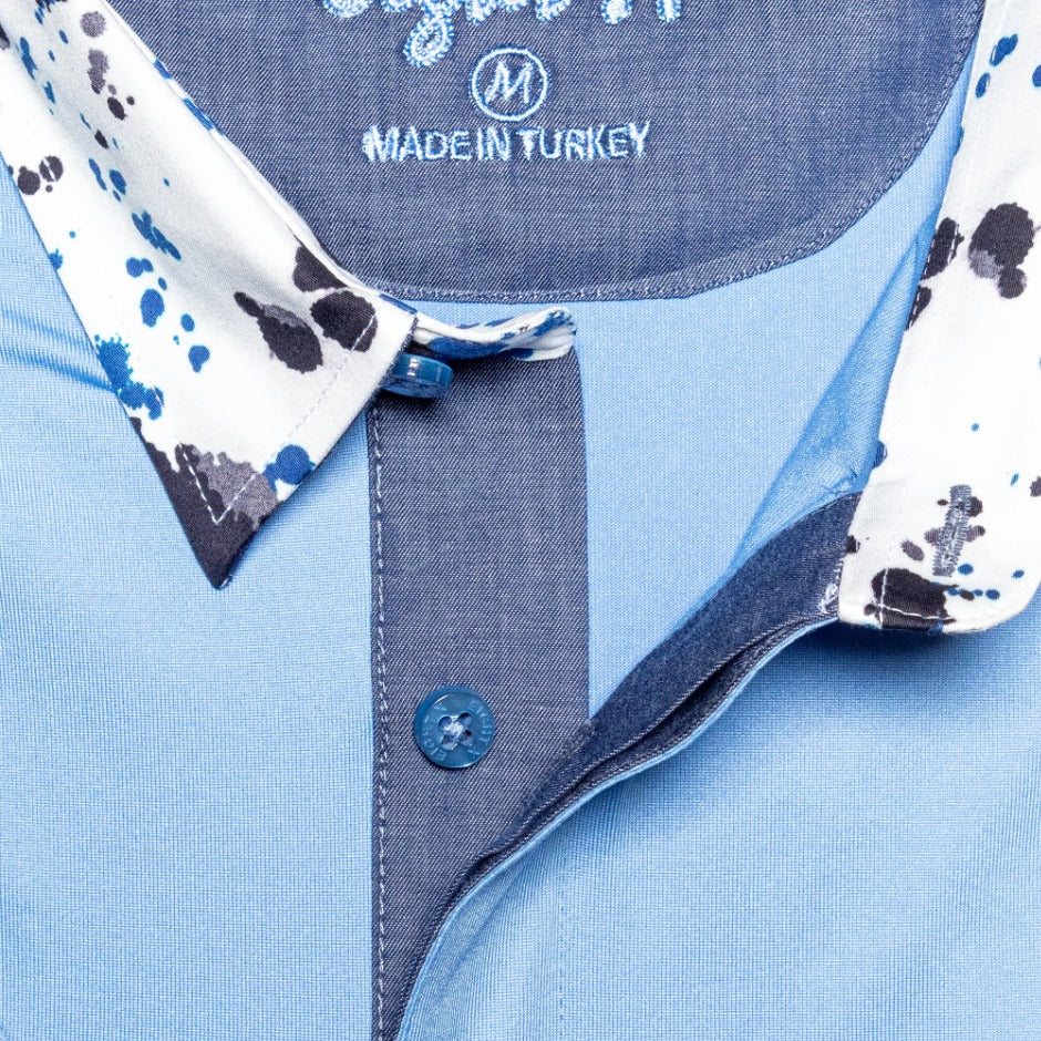 Light Blue Polo Shirt With Ink Blotted Collar Polos Eight-X   