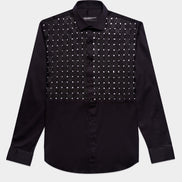 Severine Men's Black Woven Panel Artisan Edition Dress Shirt Button Down Shirts Eight-X BLACK S