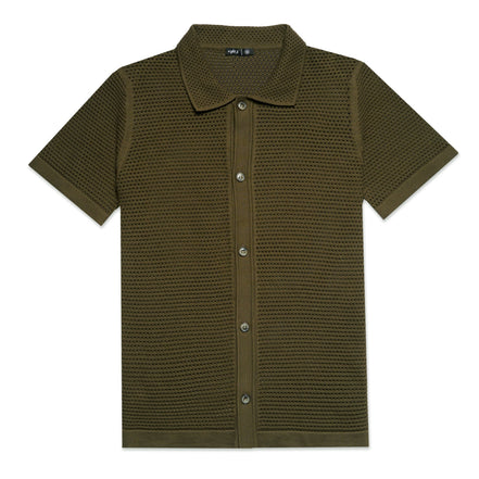The Docker Knit Button Up Short Sleeve Shirt - Olive Button Down Shirts Eight-X GREEN S
